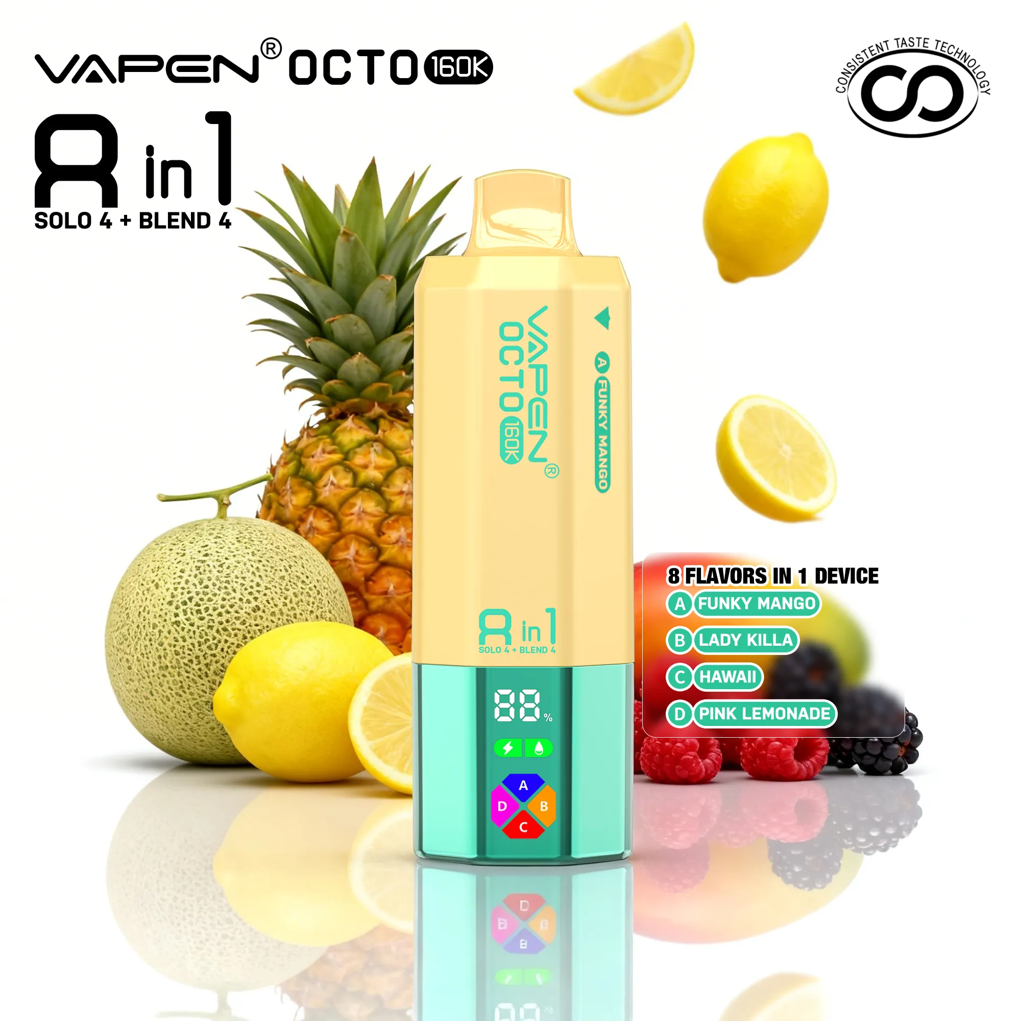 vapen-octo-funky-mango-lady-killa-hawaii-pink-lemonade-fruit VAPEN OCTO 160K Puffs - Funky Mango + Lady Killa + Hawaje + Różowa Lemoniada - obrazek 1