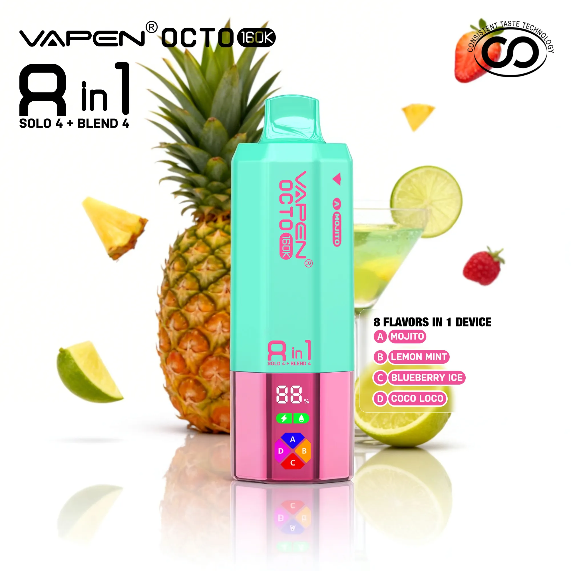 vapen-octo-mojito-lemon-mint-blueberry-ice-coco-loco-fruit VAPEN OCTO 160K Puffs - Mojito + Cytryna Mięta + Jagoda Ice + Coco Loco - obrazek 1